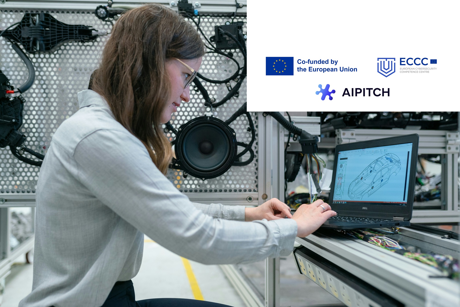 A researcher working on automotive technology beside the AIPITCH and European Union project logos